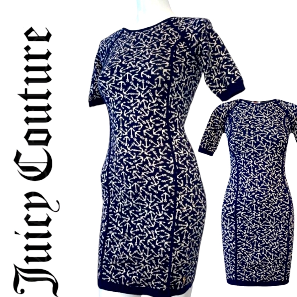 Juicy Couture  Dress Anchors Corsage Knit Stretch Wool Blend Short Sleeve